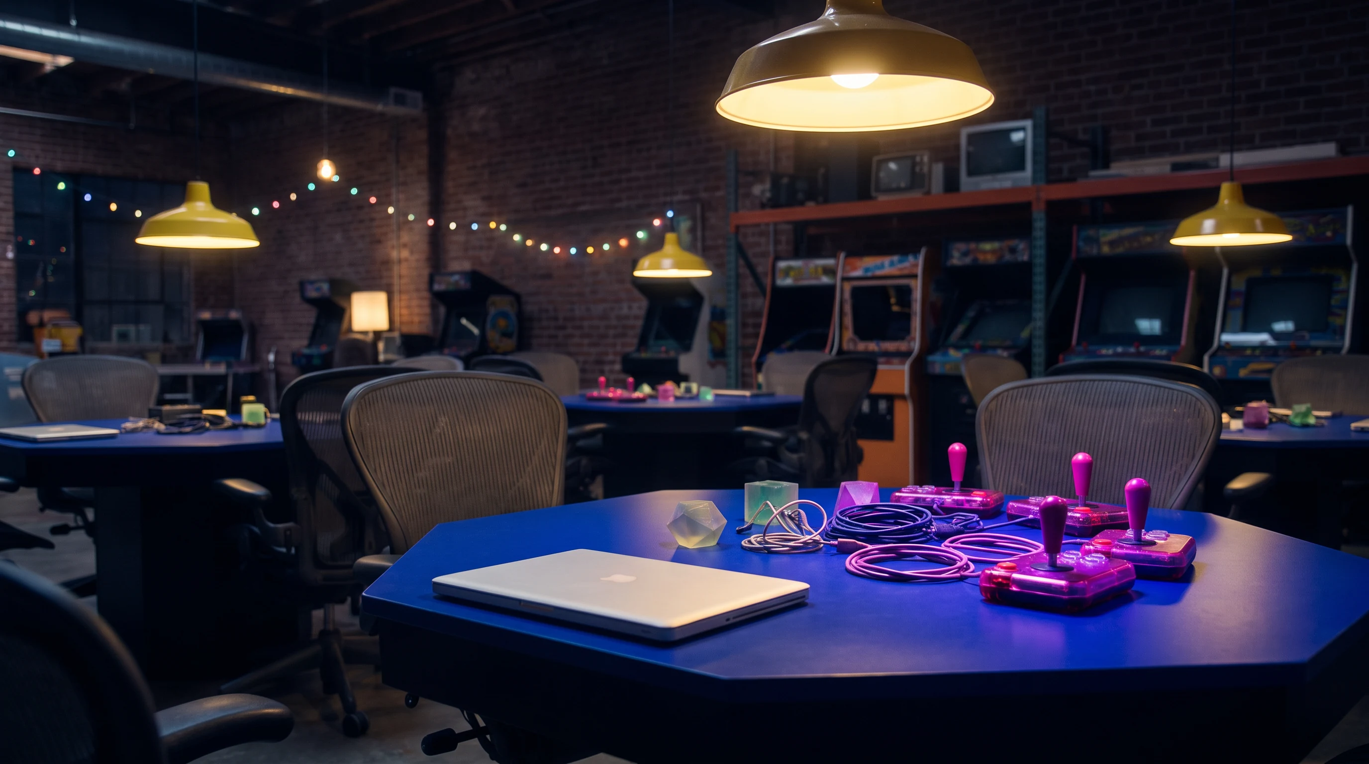 Quiet arcade workroom set with a blue table, laptop, and controllers