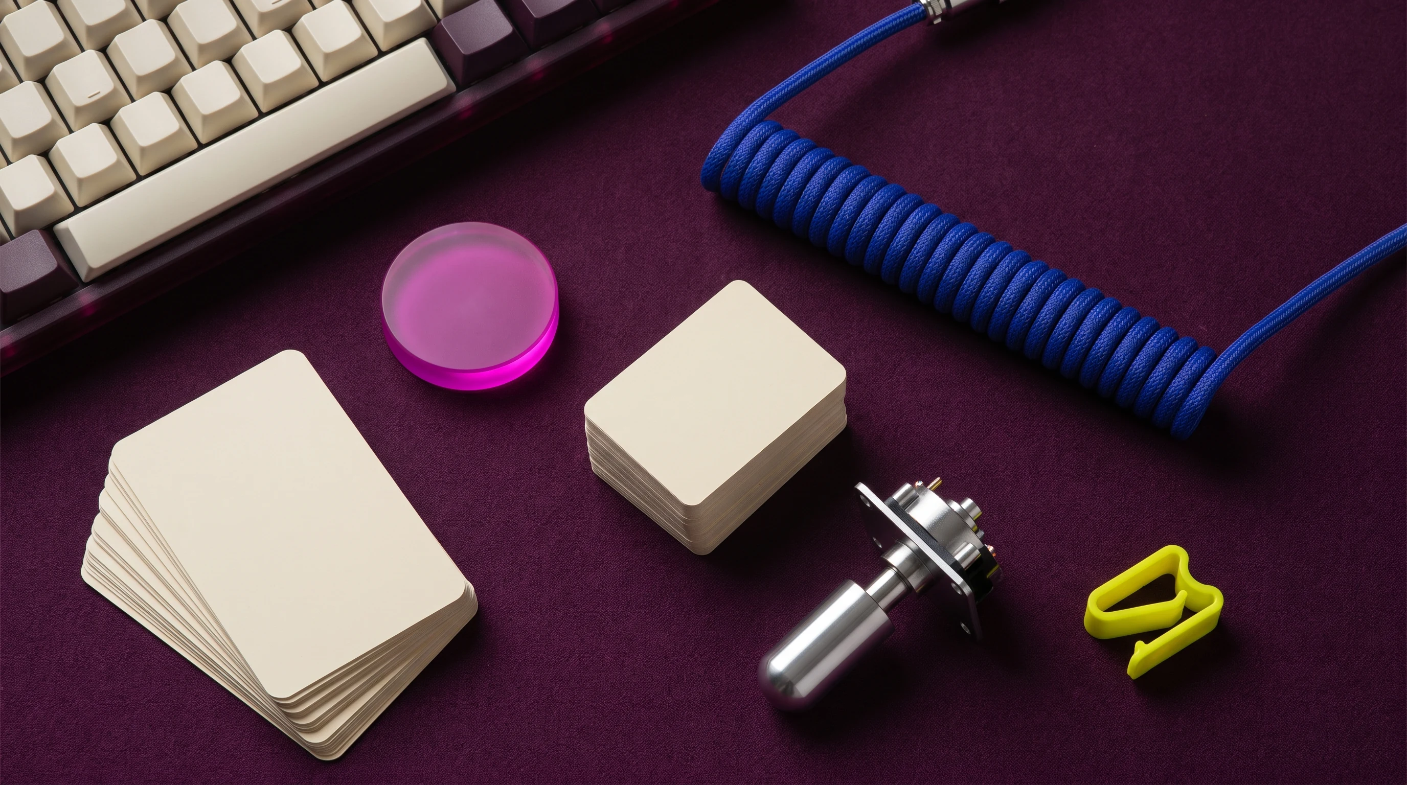 Product tools and cards on a desk