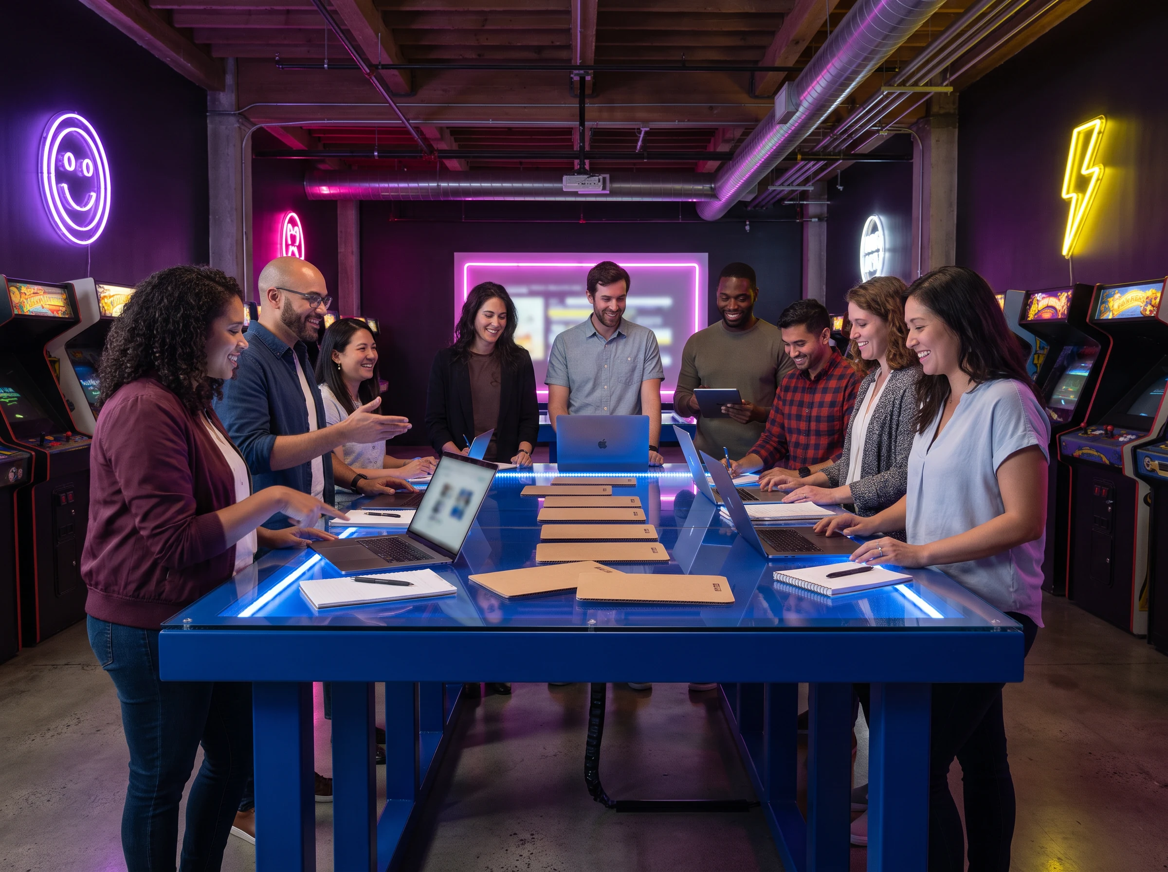 A team working around an illuminated arcade-inspired product table