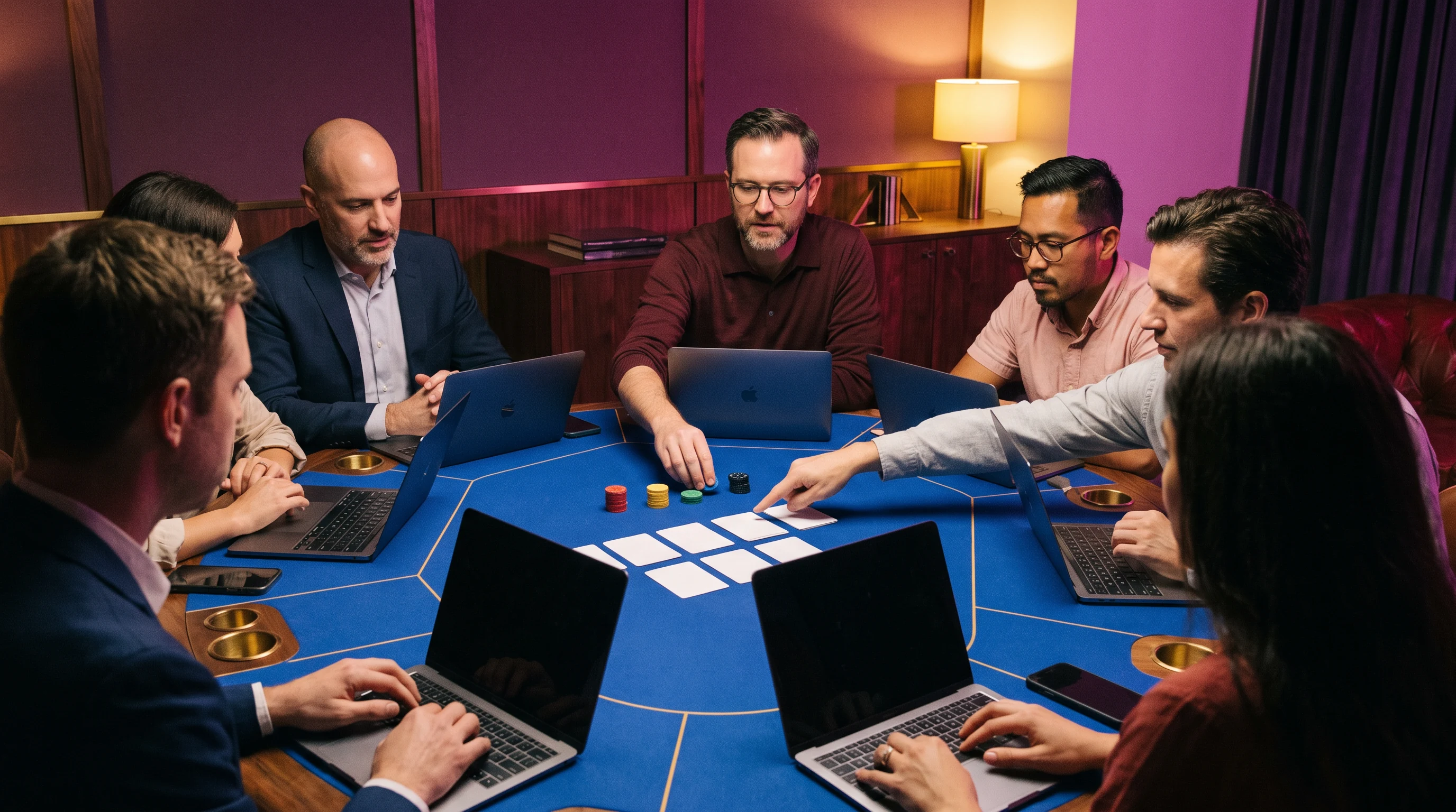 Group using cards around a blue product workshop table