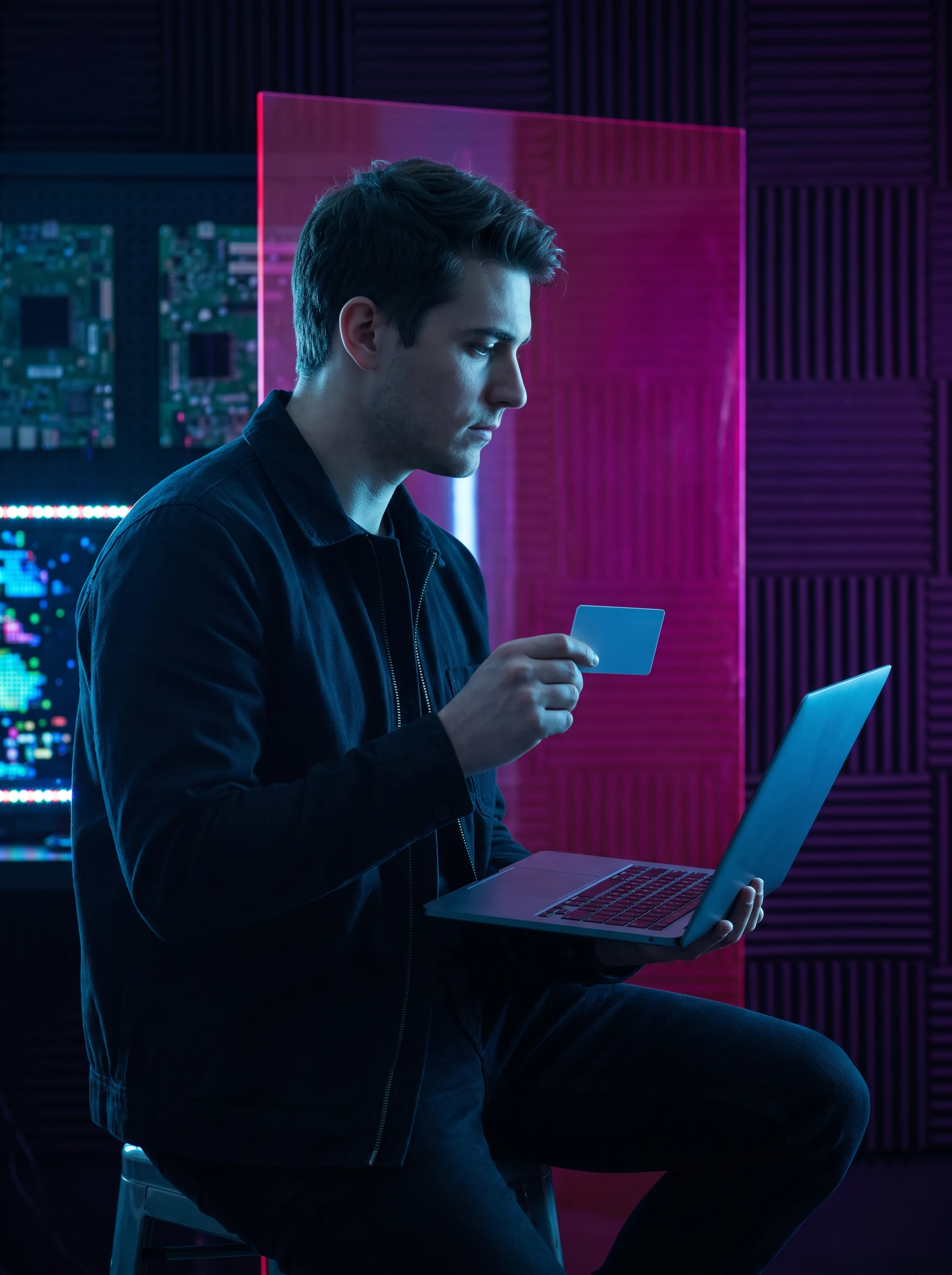Person holding a card while working on a laptop in a product studio