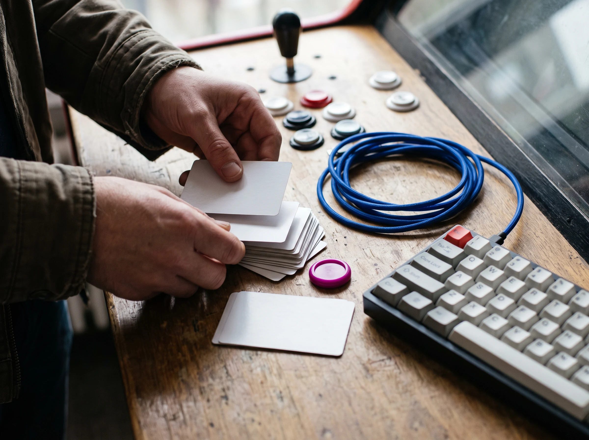 Hands sorting cards next to a keyboard and arcade controls