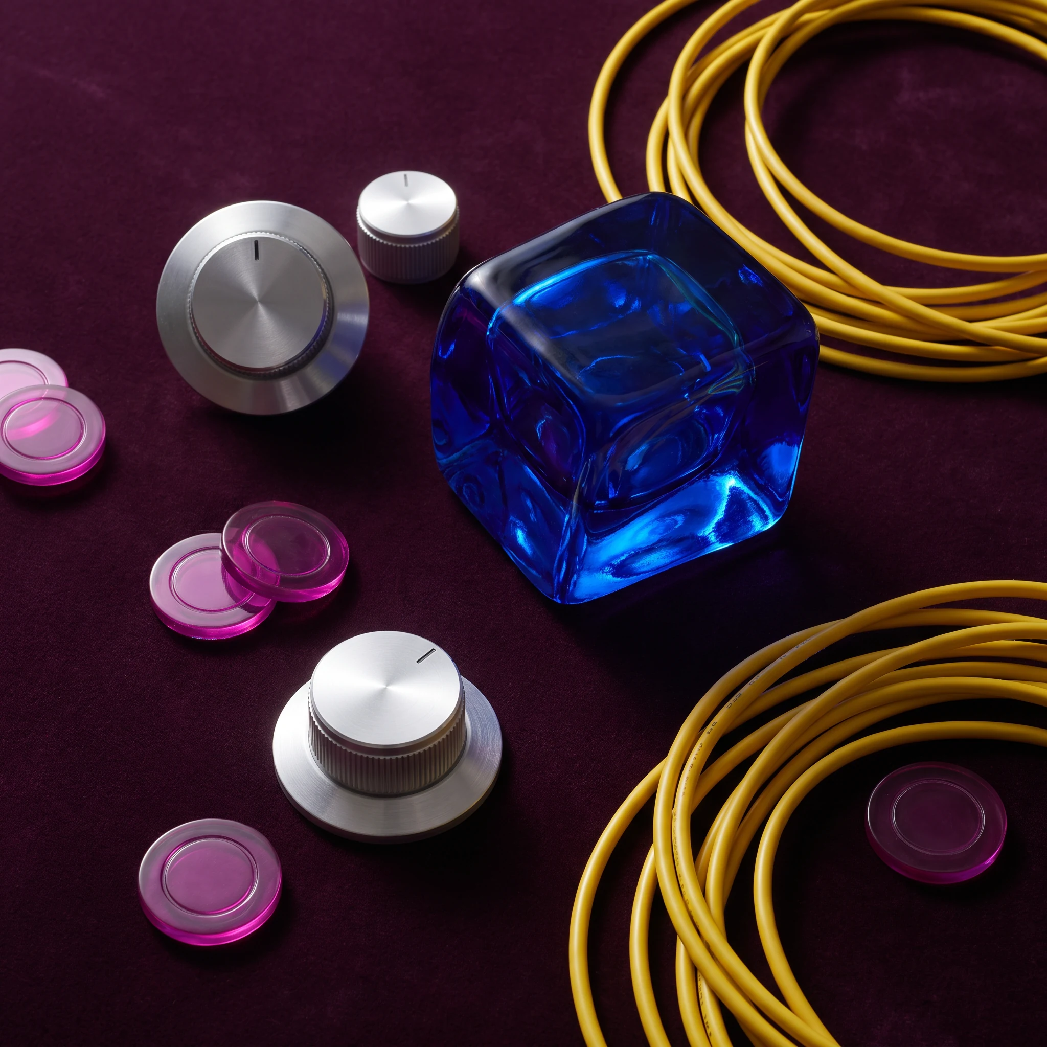 Cobalt glass control and silver dials on a plum surface